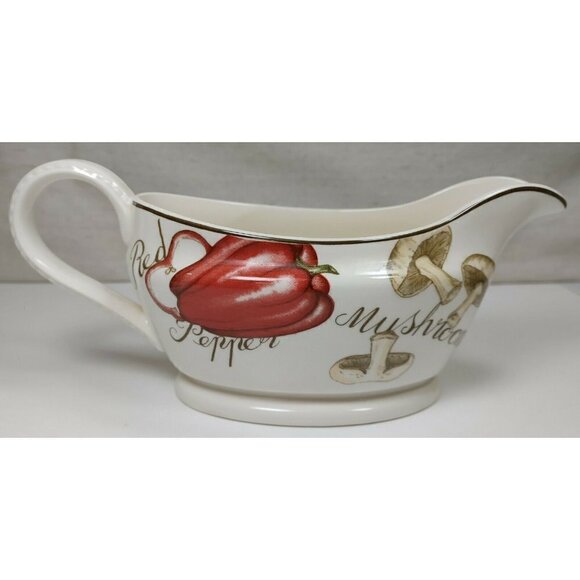 Vintage Red Pepper Mushrooms Carrots Tomatoes Gold Rim Ceramic Gravy Boat - Picture 2 of 10